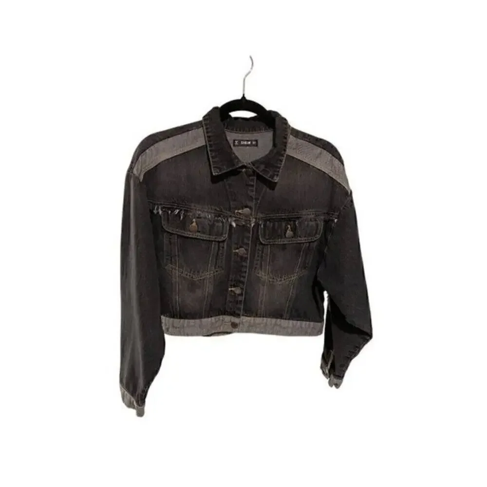 SHEIN Women Black Cropped Denim Jacket Distressed Frayed Hem Trucker Size S